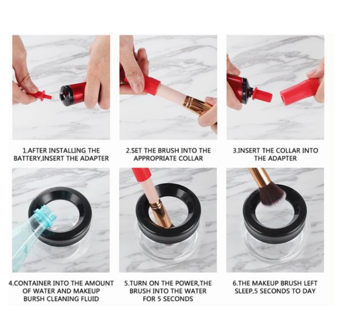 1. Connect the brush to the spinner. 2. Add water and soap to the bowl. 3. Submerge and rotate to clean, lift and rotate to dry.  By following these three easy steps, users can effectively clean and dry their makeup brushes while minimizing damage and ensuring they are ready for flawless application. 